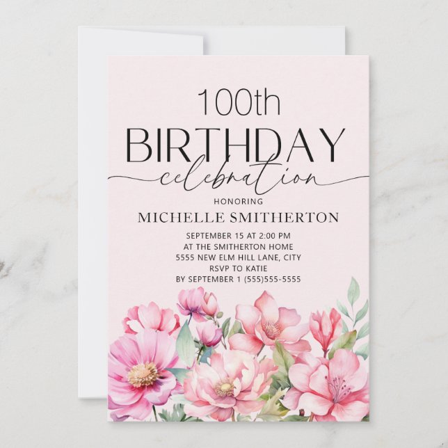 Invitation Aquarelle rose Floral 100e anniversaire (Devant)