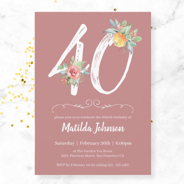 Invitation Aquarelle rose Floral 40e anniversaire fête (Mockup View)