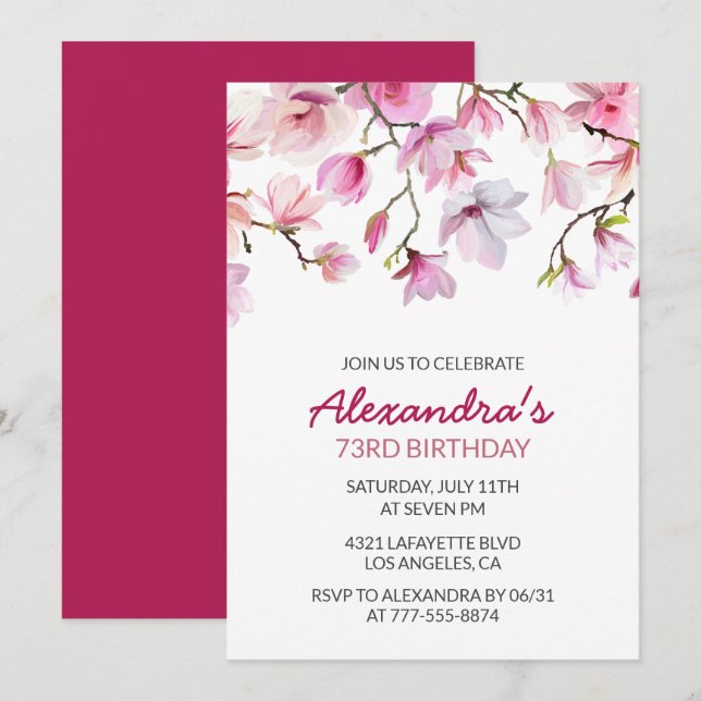 Invitation Aquarelle rose Floral 73e anniversaire (Devant / Derrière)