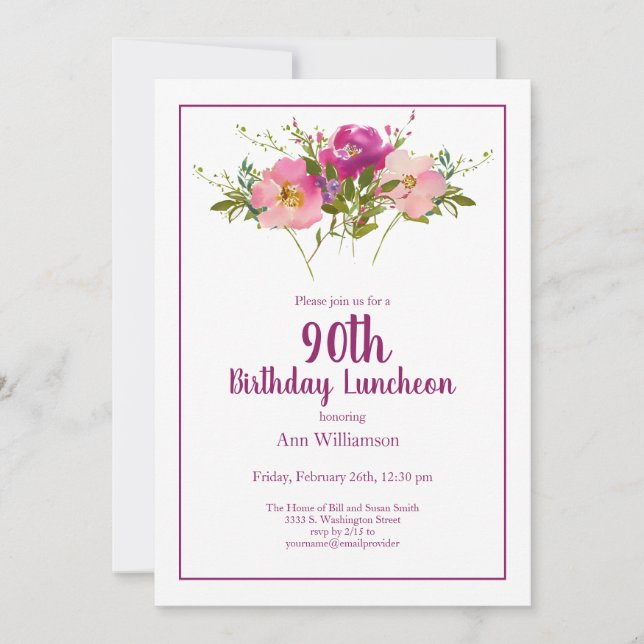 Invitation Aquarelle rose Floral 90e anniversaire (Devant)