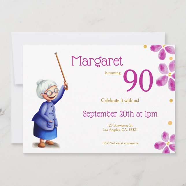 Invitation Aquarelle rose Floral 90e anniversaire grand-mère (Devant)