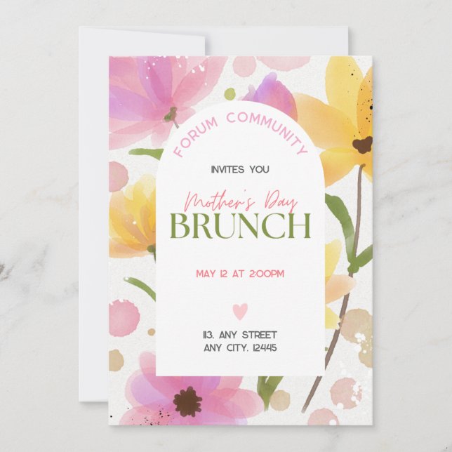 Invitation Aquarelle rose floral Arché communautaire Brunch (Devant)