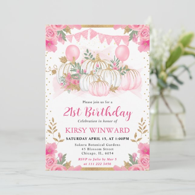 Invitation Aquarelle rose Floral automne Citrouille anniversa (Debout devant)