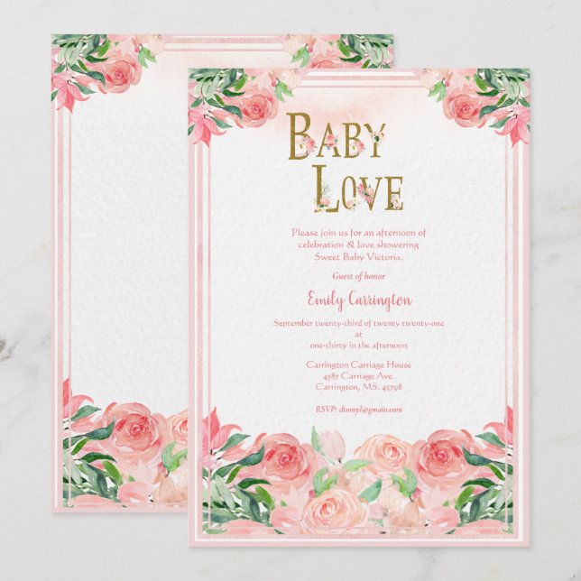 Invitation Aquarelle rose Floral Baby Love Girl Baby shower (Devant / Derrière)