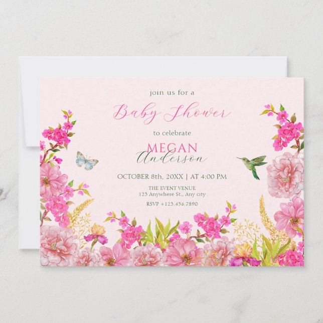 Invitation Aquarelle rose Floral baby shower d'oiseaux tropic (Devant)
