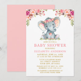 Invitation Aquarelle rose Floral Baby shower or Eléphant