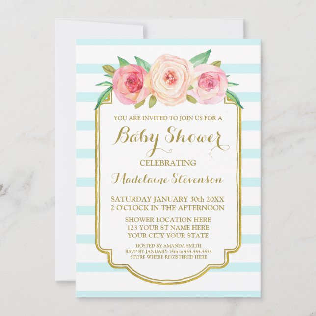 Invitation Aquarelle rose Floral Bleu Baby shower (Dos)