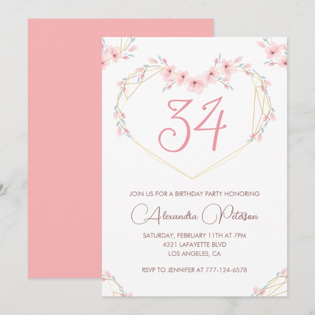 Invitation Aquarelle rose Floral Boho 34e anniversaire (Devant / Derrière)