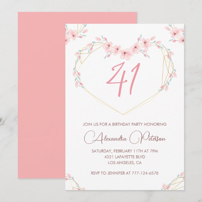 Invitation Aquarelle rose Floral Boho 41e anniversaire (Devant / Derrière)