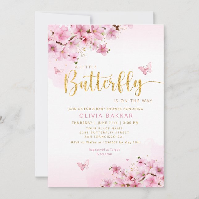 Invitation Aquarelle rose Floral Butterfly Girl Baby shower (Devant)