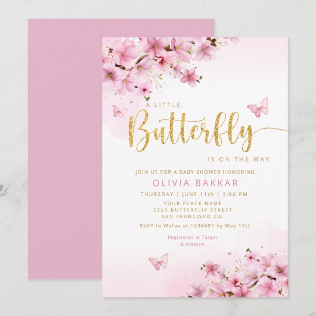 Invitation Aquarelle rose Floral Butterfly Girl Baby shower (Devant / Derrière)