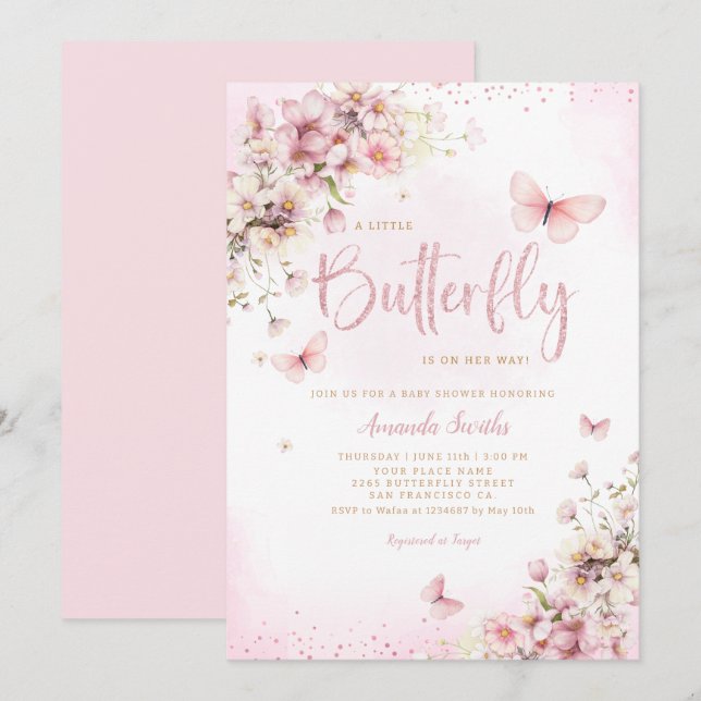 Invitation Aquarelle rose Floral Butterfly Girl Baby shower (Devant / Derrière)