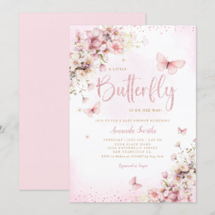 Invitation Aquarelle rose Floral Butterfly Girl Baby shower
