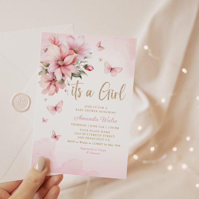 Invitation Aquarelle rose Floral Butterfly Girl Baby shower (Créateur téléchargé)