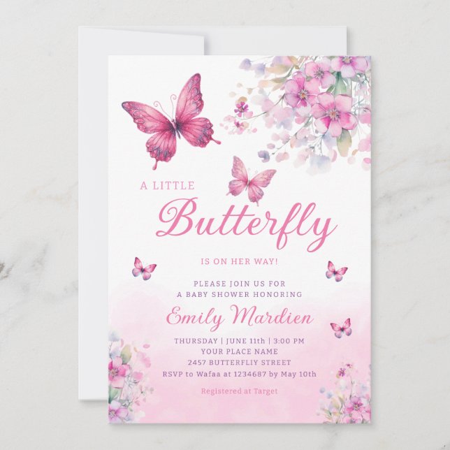 Invitation Aquarelle rose Floral Butterfly Girl Baby shower (Devant)