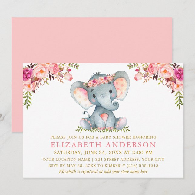 Invitation Aquarelle rose Floral Eléphant Baby shower Or (Devant / Derrière)