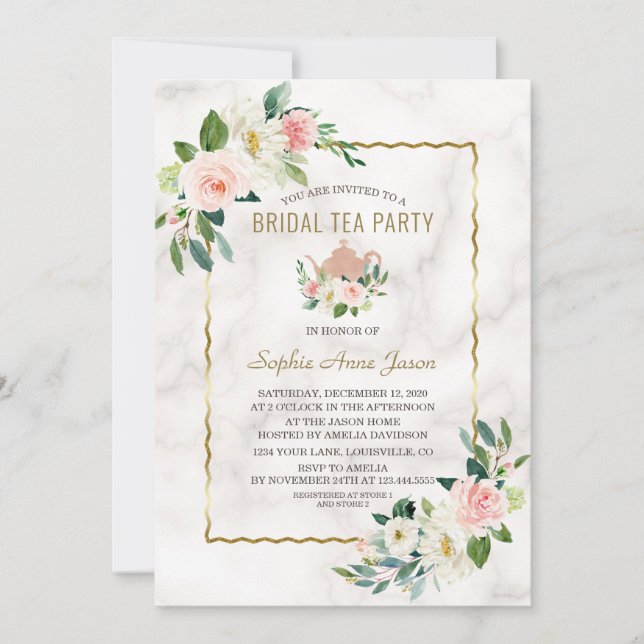 Invitation Aquarelle rose Floral Fête des mariées en marbre o (Devant)