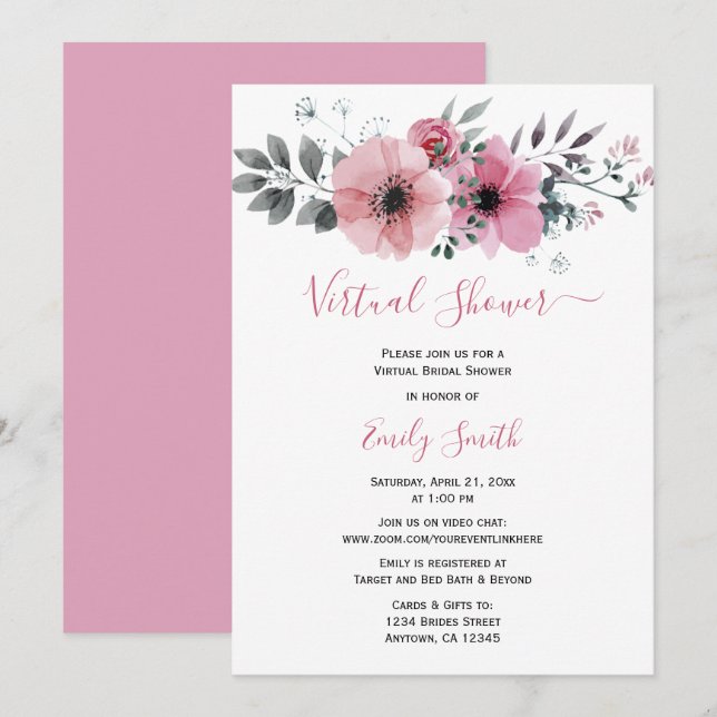 Invitation Aquarelle rose Floral | Fête des mariées virtuelle (Devant / Derrière)