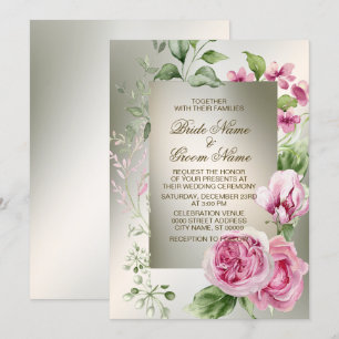 Invitation Aquarelle rose Floral Frame Bronze brillant