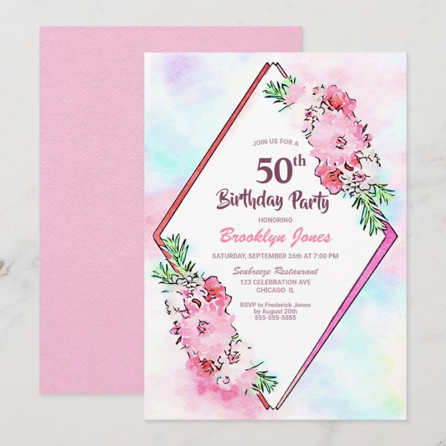 Invitation Aquarelle rose Floral Géométrique 50e anniversaire (Devant / Derrière)