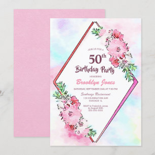 Invitation Aquarelle rose Floral Géométrique 50e anniversaire