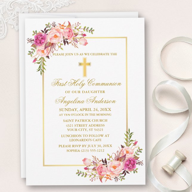 Invitation Aquarelle rose Floral Gold Cross Communion (Customize to change text color, size, style or to add photos or more text to back of card.)