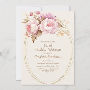 Invitation Aquarelle rose Floral Gold Frame 90e anniversaire