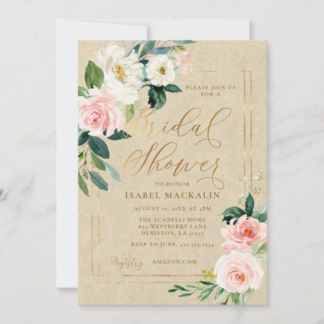 Invitation Aquarelle rose Floral Kraft Fête des mariées rusti (Devant)