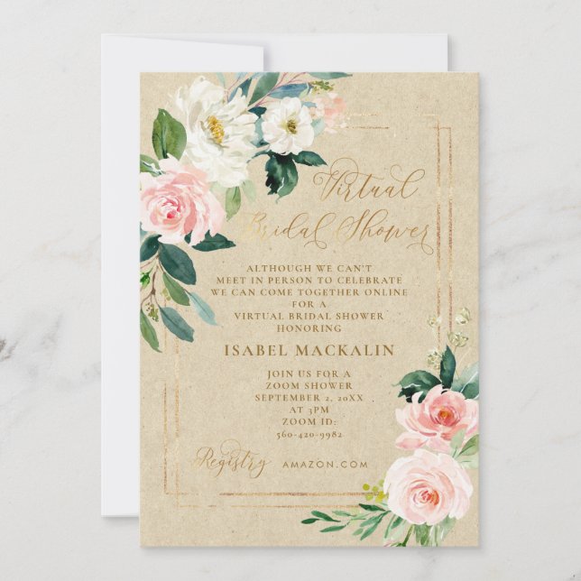 Invitation Aquarelle rose Floral Kraft Fête des mariées virtu (Devant)