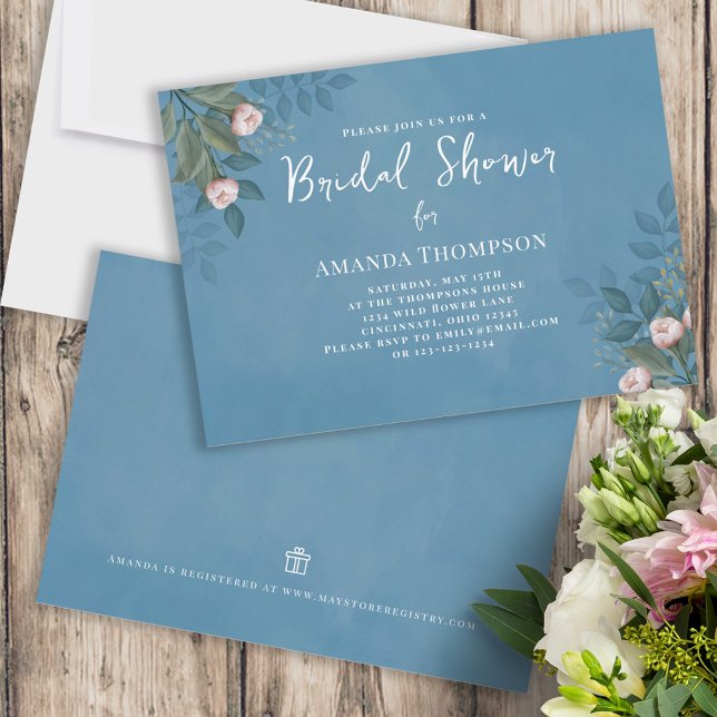 Invitation Aquarelle rose Floral Marine Fête des mariées bleu (Créateur téléchargé)