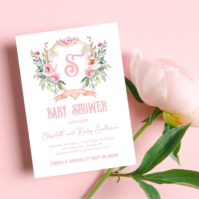 Invitation Aquarelle rose Floral Monogram Baby shower Crest (Créateur téléchargé)