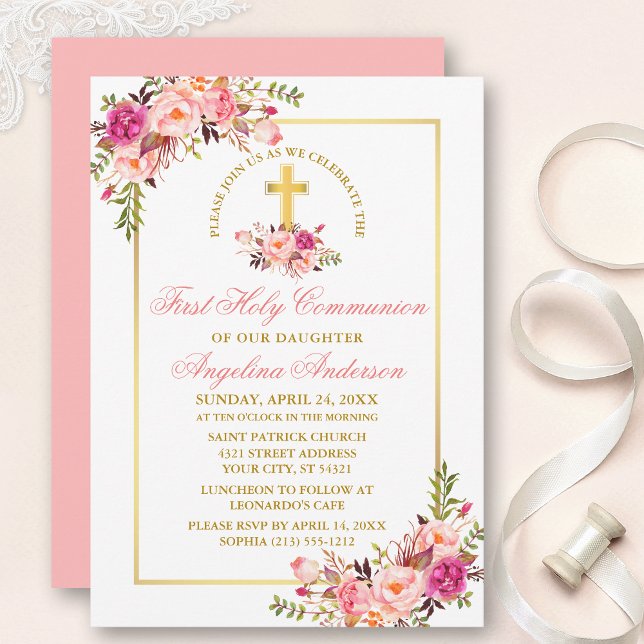 Invitation Aquarelle rose Floral Or Frame Première communion (Customize to change text color, size, style or to change color of back of card.)