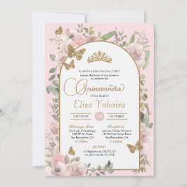 Invitation Aquarelle rose Floral Or papillon Quinceañera