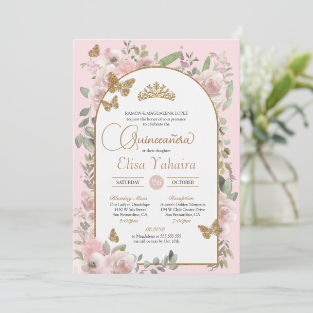 Invitation Aquarelle rose Floral Or papillon Quinceañera (Debout devant)