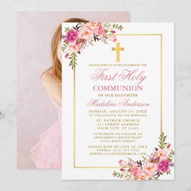 Invitation Aquarelle rose Floral Or première communion Photo (Devant / Derrière)