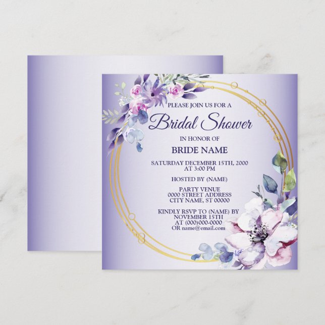 Invitation Aquarelle rose Floral or violet Fête des mariées (Devant / Derrière)