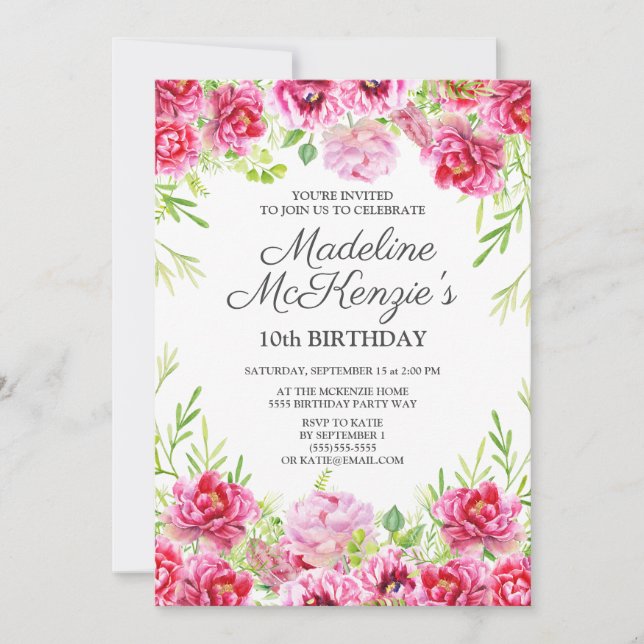 Invitation Aquarelle rose Floral Petite fille 10e anniversair (Devant)