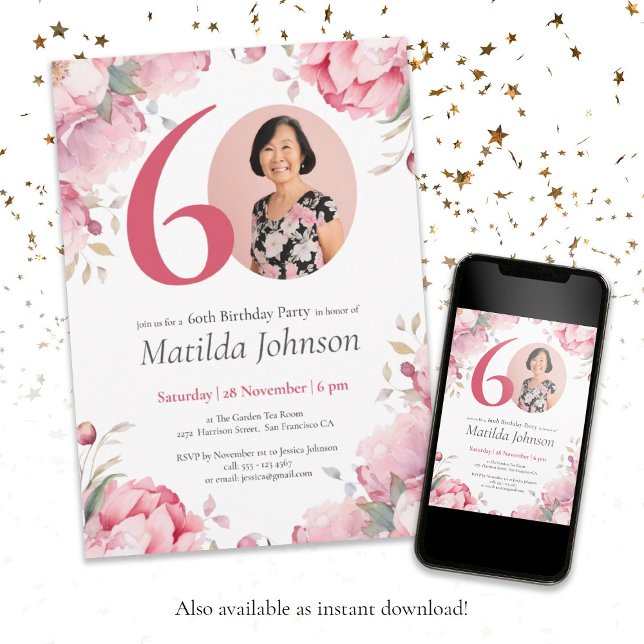Invitation Aquarelle rose floral photo personnalisée 60e anni (60th Birthday Watercolor Pink Floral Custom Photo Invitation)