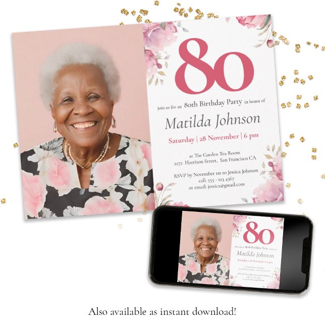 Invitation Aquarelle rose Floral Photo personnalisée 80e anni (Photo 80th Birthday Pink Watercolor Floral Custom Invitation)