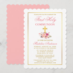 Invitation Aquarelle rose Floral Première Communion Or