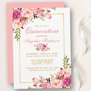 Invitation Aquarelle rose Floral Quinceanera Or