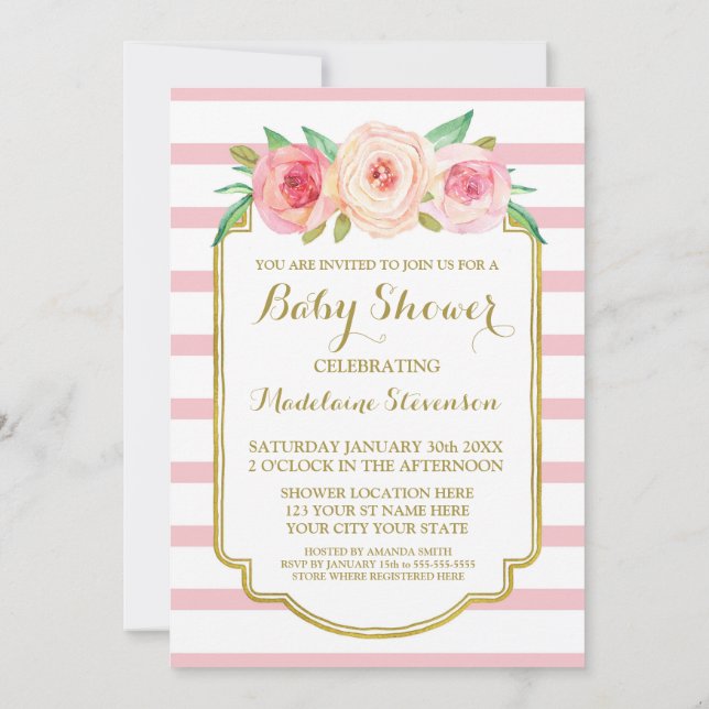 Invitation Aquarelle rose Floral Rose rayures Baby shower (Dos)