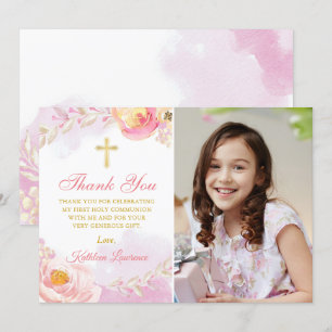 Invitation Aquarelle rose Floral Saint Communion Merci