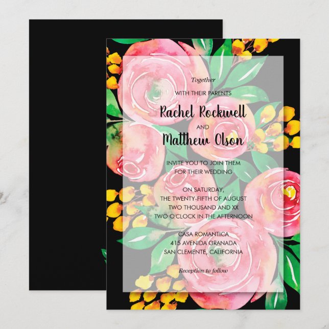 Invitation Aquarelle rose Floral sur Mariage noir (Devant / Derrière)