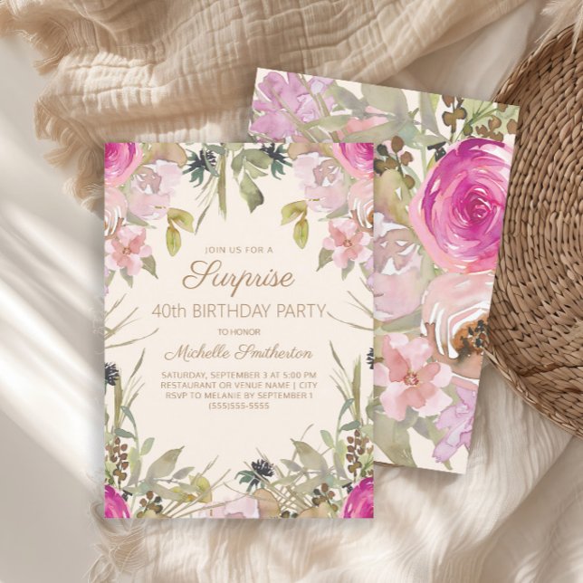 Invitation Aquarelle rose Floral Surprise 40e anniversaire (Elegant pink watercolor floral and sage green leaves surprise 40th birthday party invitation)
