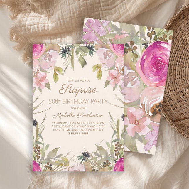 Invitation Aquarelle rose Floral Surprise 50e anniversaire (Elegant pink watercolor floral and sage green leaves surprise 50th birthday party invitation)