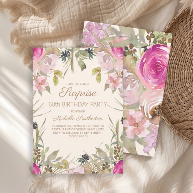 Invitation Aquarelle rose Floral Surprise 60e anniversaire (Elegant pink watercolor floral and sage green leaves surprise 60th birthday party invitation)
