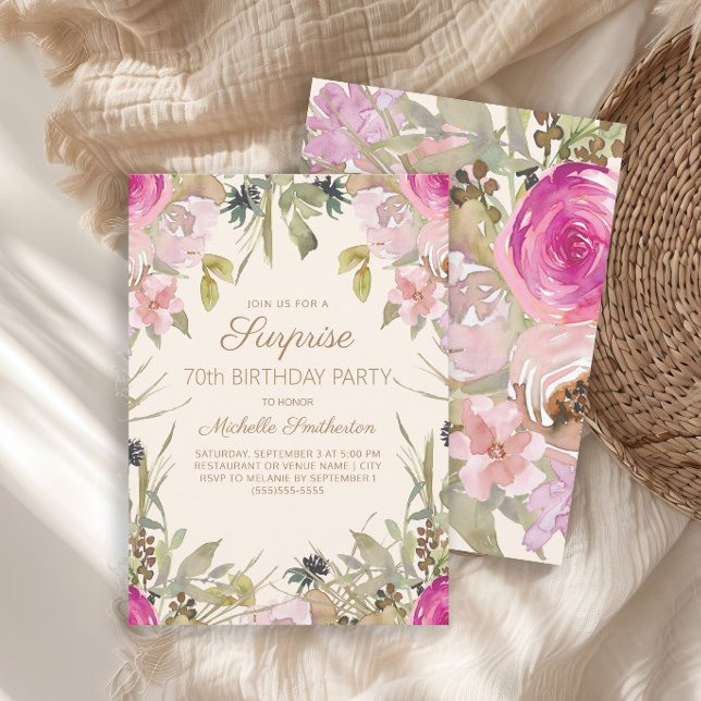 Invitation Aquarelle rose Floral Surprise 70e anniversaire (Elegant pink watercolor floral and sage green leaves surprise 70th birthday party invitation)