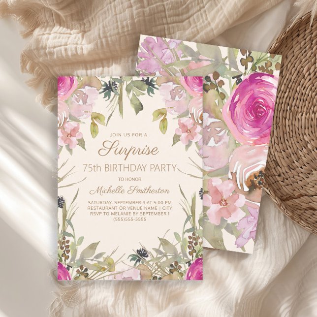 Invitation Aquarelle rose Floral Surprise 75e anniversaire (Pink floral and sage green leaves surprise 75th birthday party invitation)