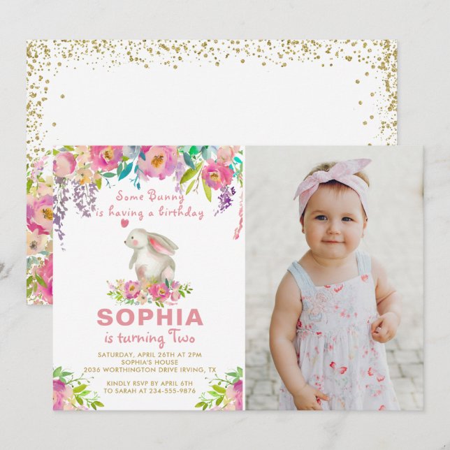 Invitation Aquarelle rose Floral Un peu de lapin Photo Annive (Devant / Derrière)
